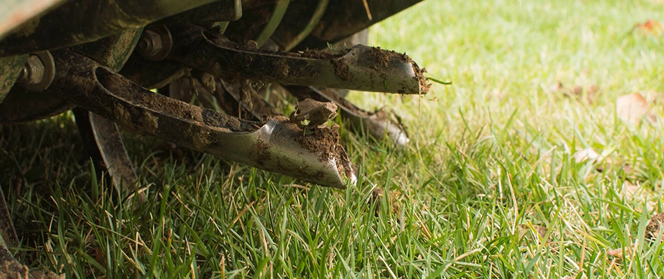 An aeration machine aerating a lawn to promote growth of new seeds.